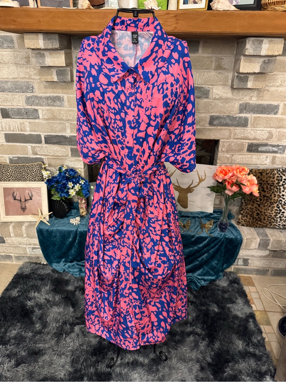 SHEIN Pink & Blue Abstract Print Shirt Dress